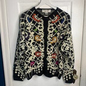 Kitty Hawk by Vivian Wang Vintage Pearl Embellished Black Cream Cardigan Sz M